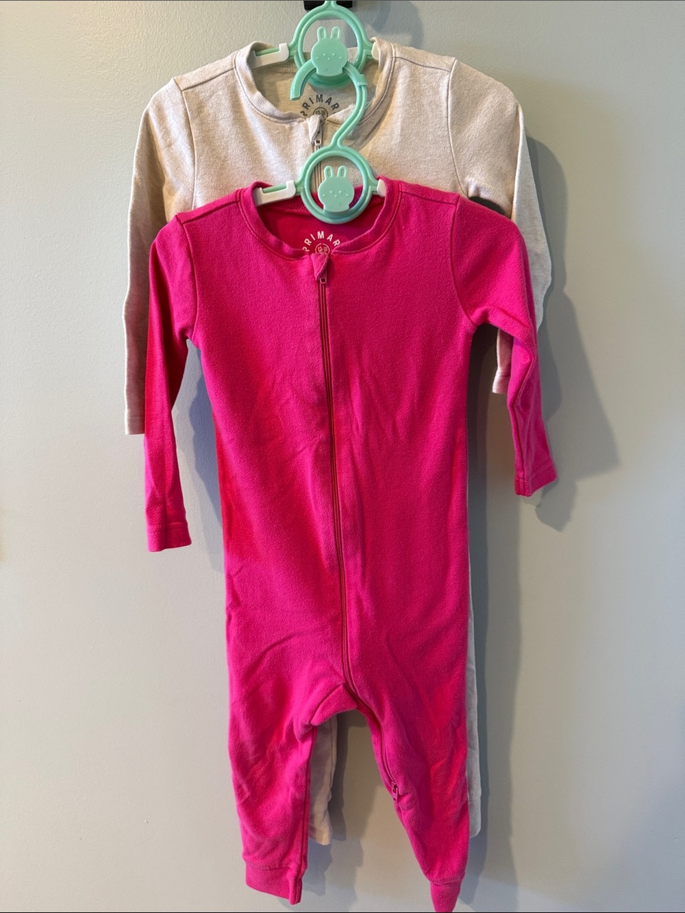 two Primary organic zip romper 12-18M